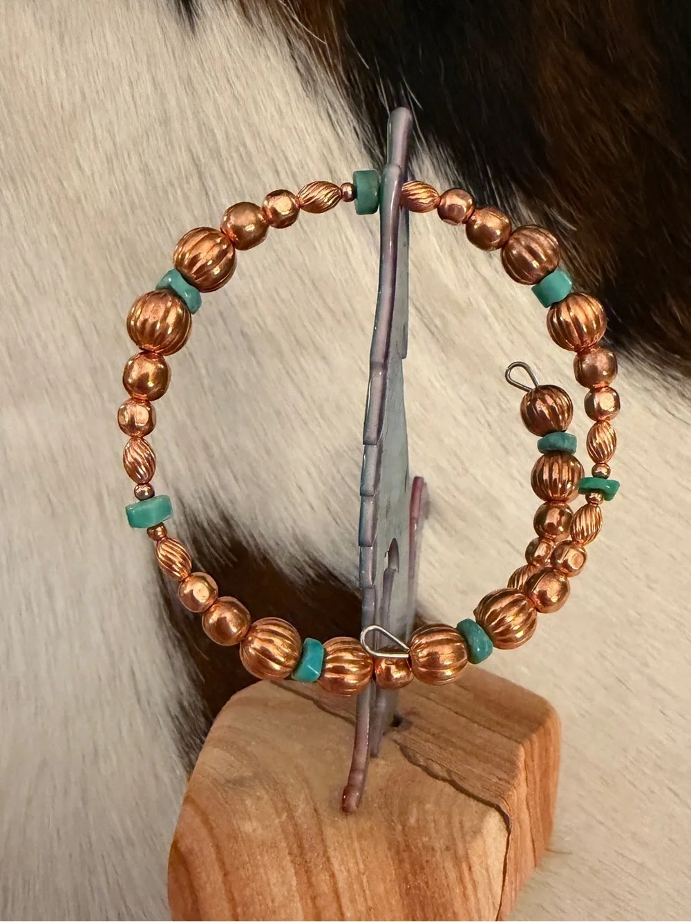 ❤️ Native American Artisan Heishi Turquoise Beads & Copper Pearls Adj Bracelet